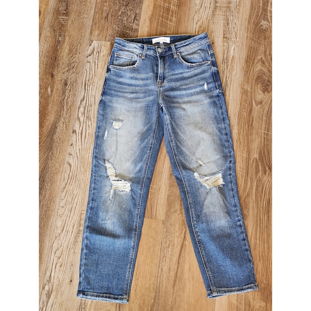 Risen Jeans Distressed Straight Leg Medium Wash Denim Raw Hem Size 1/25